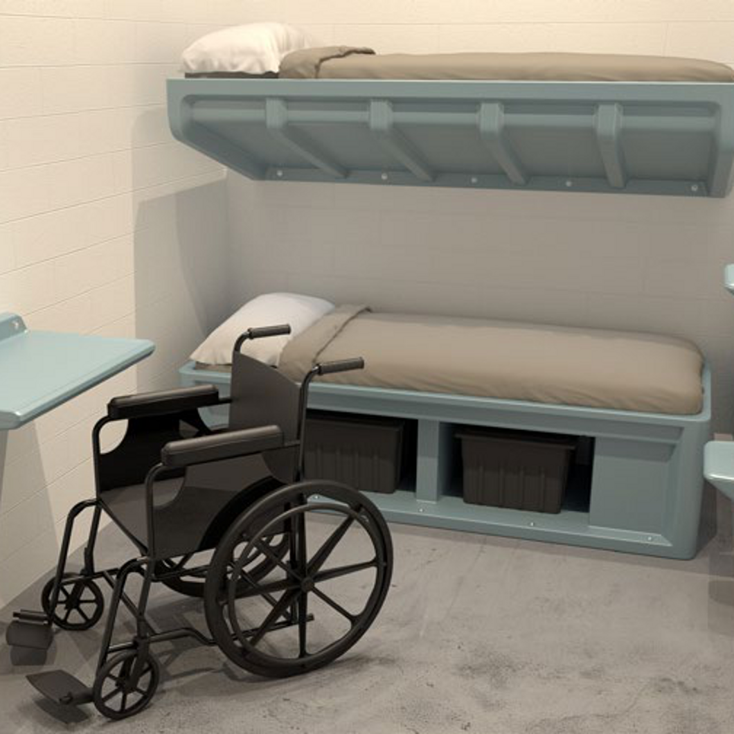Accessible custodial cell fitted with anti-ligature bunk beds, wall-mounted desk and under-bed storage