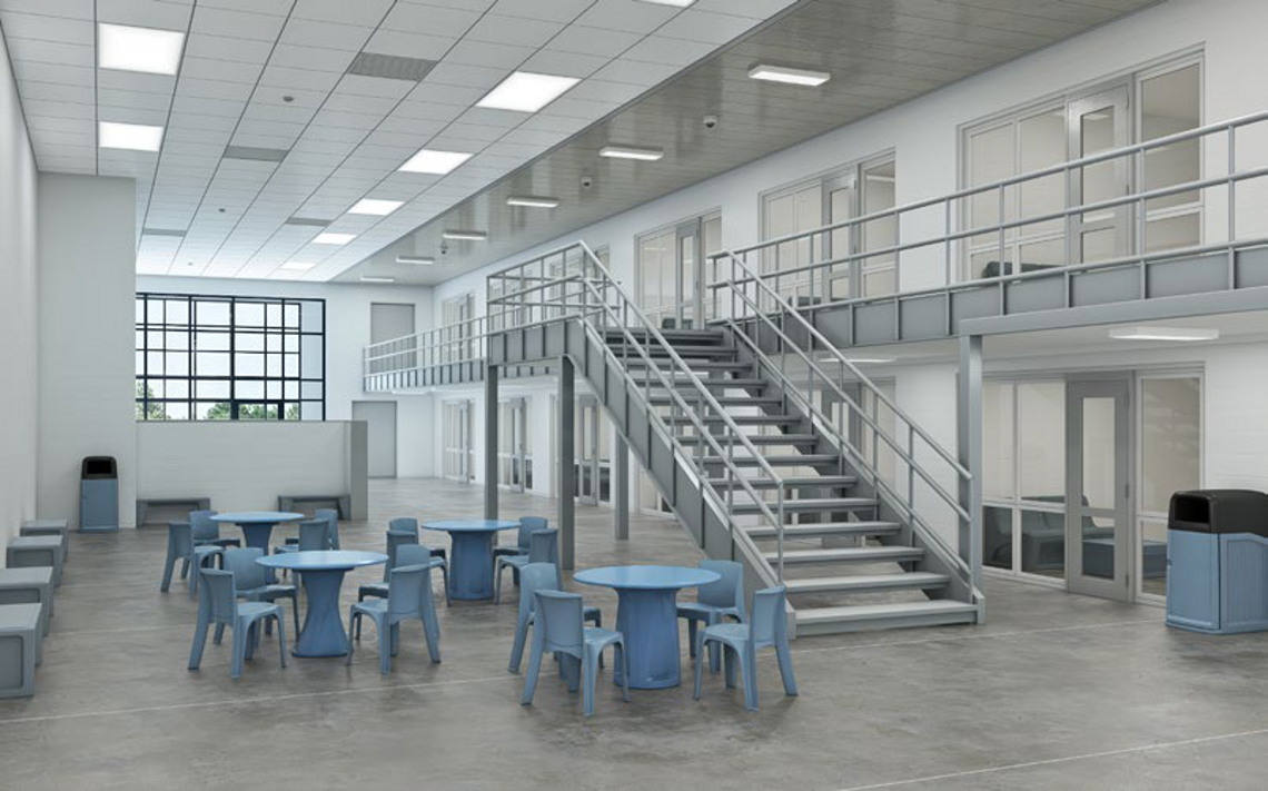 Custodial landing with anti-ligature tables and seating